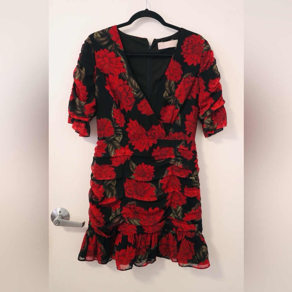 KEEPSAKE the Label Black Dress with Red Floral Design